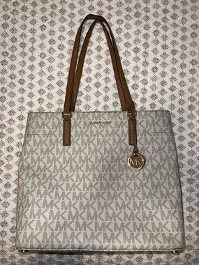MK Beige Signature Canvas Coated Leather Logo Tote
